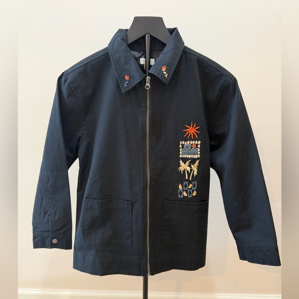 PacSun Kids Dark Blue Jacket with Colorful Embroidery Zip Close Size Large